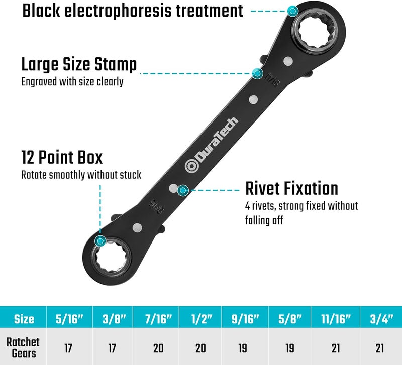 DURATECH 4-in-1 Reversible Ratcheting Wrench Set, Double Box End Wrench Set, 2-Piece, 5/16", 3/8", 7/16", 1/2", 9/16", 5/8", 11/16", 3/4", SAE - Image 4
